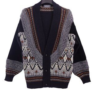 VTG Mark Elliot Cardigan Sweater Sz L Black Fair Isle Knit Wool Blend V-Neck